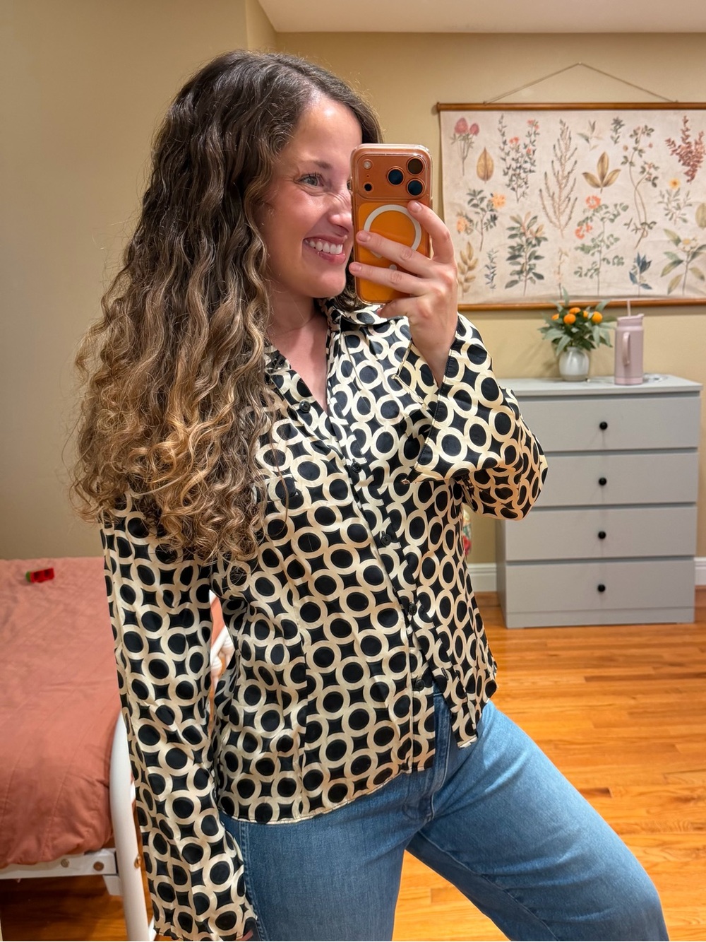 Vintage ICE Pure Silk Black & Cream Geometric Button-Up Blouse L